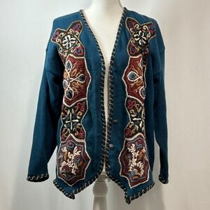 RAFIA Women's Cardigan Sweater‎ L Blue Embroidered Knit Boho 80's Vintage
